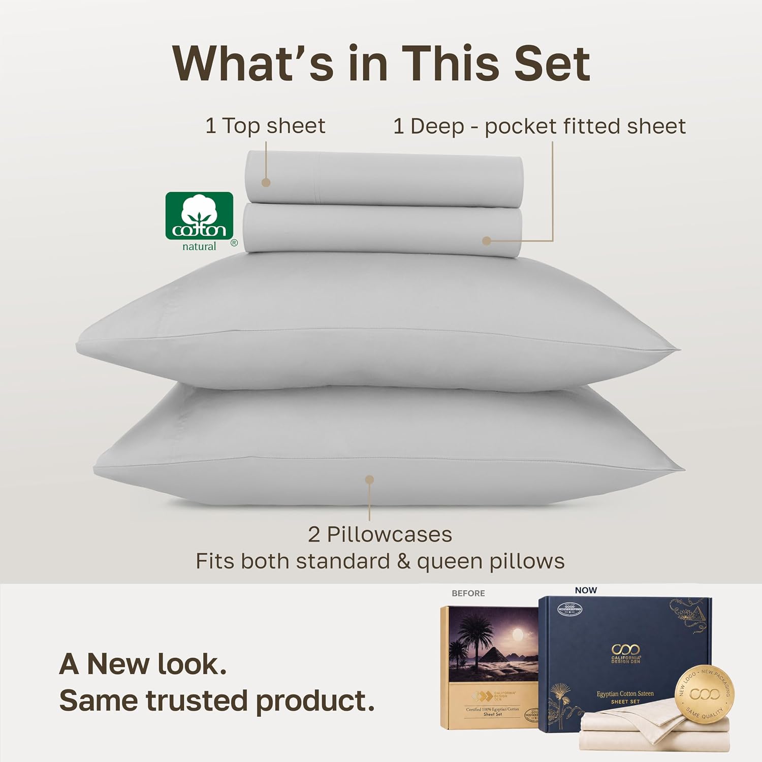  100% Egyptian Cotton Full Size Sheet Sets, Light Grey | Backed by Good Housekeeping Seal, Light & Airy Soft Sateen, 15" Deep Pocket, All-Around Elastic, Durable, Easy Care 4pc Set thumbnail