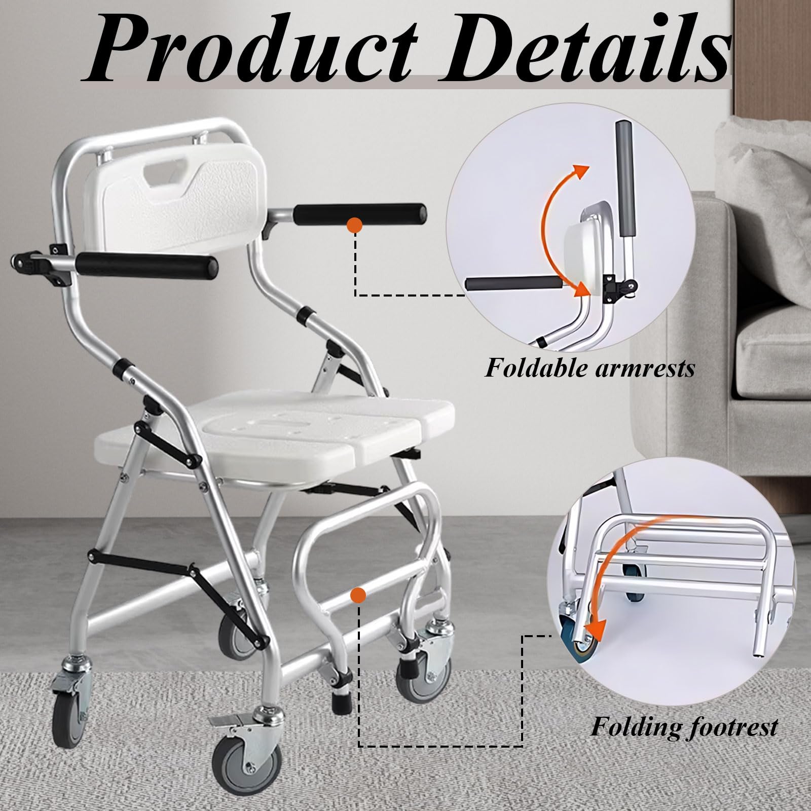 Silla para Ducha para Personas Mayores | Silla de Ducha con Ruedas Plegable de Aluminio, Silla de Baño para Minusvalidos y Mayores, Carga: 120kg