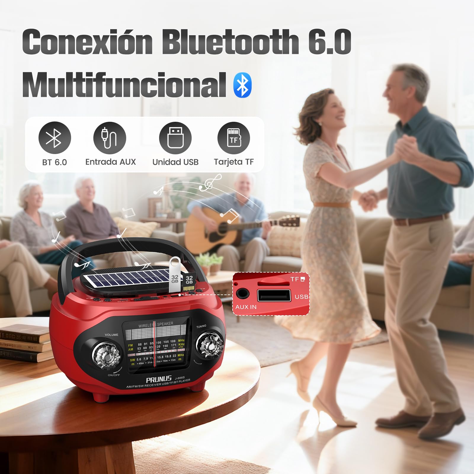 PRUNUS J-666 Transistor Radio Portatil FM/Am/SW, Radio Solar y Recargable de 1800mAh, Radios Bluetooth con Altavoz 15W, Graves Potentes y Sonido Estéreo, Soporta USB/TF/AUX, para Cocina/Salón/Jardín.
