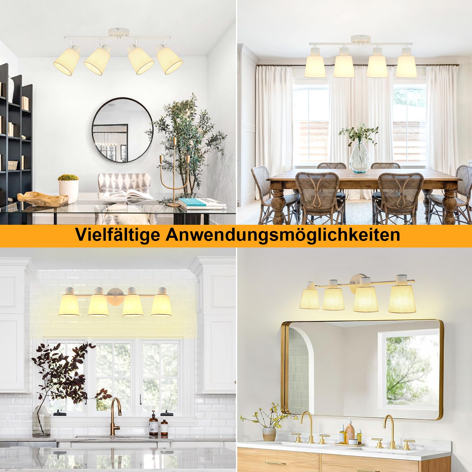Deckenstrahler 4 Flammig Deckenlampe E27 Weiß | Deckenleuchte Schwenkbar 350°, Leinen Lampenschirm, für Wohnzimmer, Flur, Küche, Schlafzimmer, Ohne Leuchtmittel