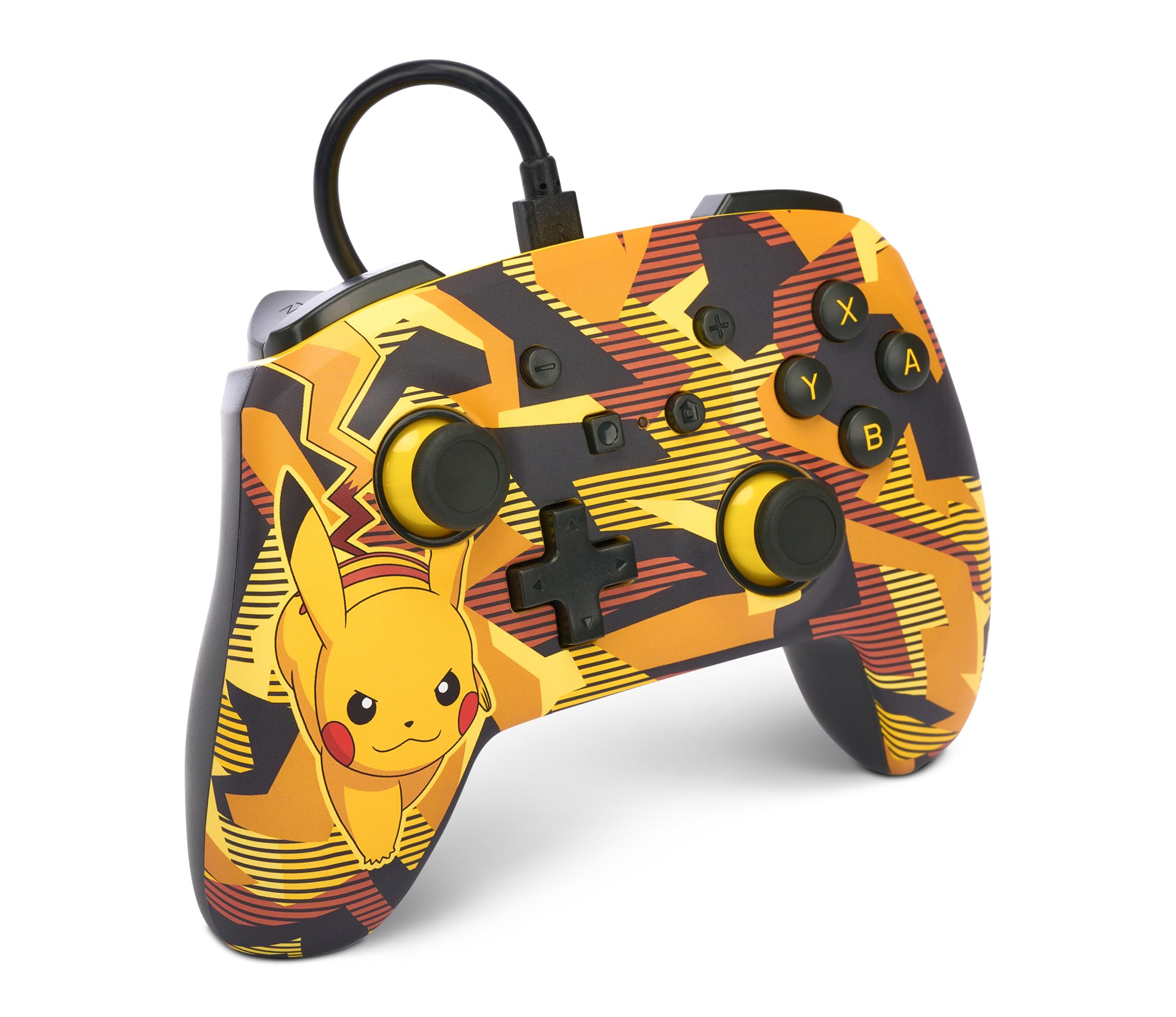 Detalle del diseño Camo-Storm-Pikachu en el mando con cable PowerA para Nintendo Switch.