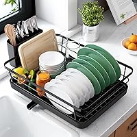 Kitsure Compact Stainless Steel Dish Drying Rack with Cutlery Holder - 12"W x 15.5"L Black Kitchen Sink Organizer