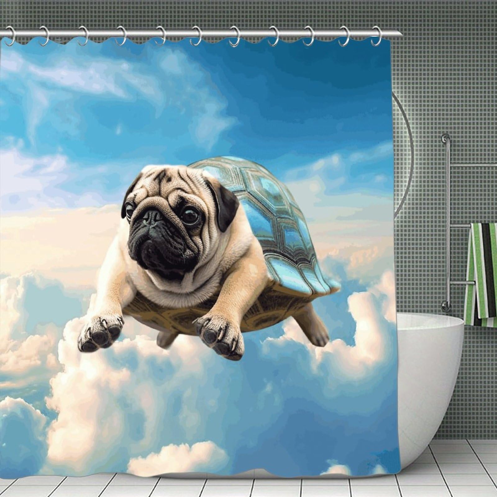 VstaDank Funny Turtle Pug Dog in The Sky Shower Curtain Waterproof Bathroom Curtain with Hooks Luxury Weighted Bath Curtains for Bathtubs Showers Room Dividers Decorative Shower Curtains 71x71 in