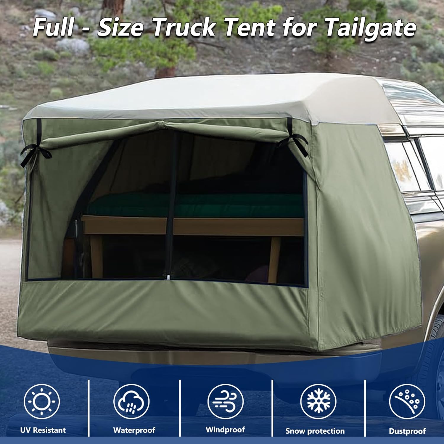 Full-Size Truck Bed Tent,Outdoor 600D Waterproof Truck Tent Compatible with Fits Ford F-150,Chevy Silverado,Toyota Tundra,Tacoma (2005+),Tailgates 58",Designed for Full-Size Trucks with Caps