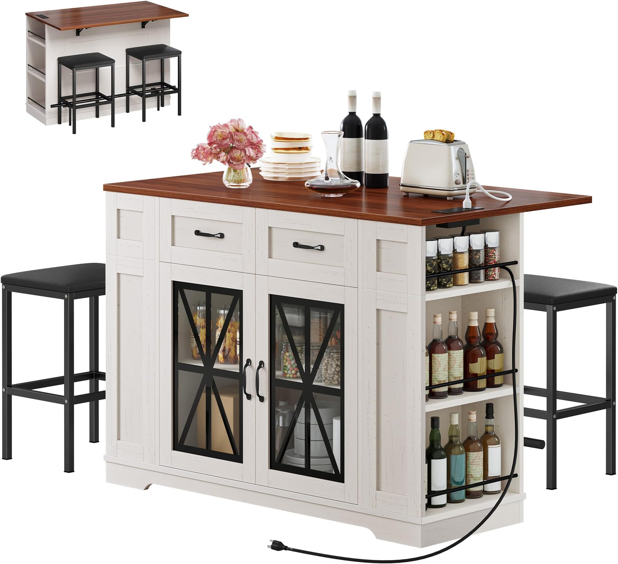 YITAHOME Kitchen Island with Drop Leaf & 2 Bar Stools, Large Kitchen Island with Storage and Seating, 47 Inch Portable Islands Table for Kitchen Cart on Wheels with Power Outlet & Footrest, Off White