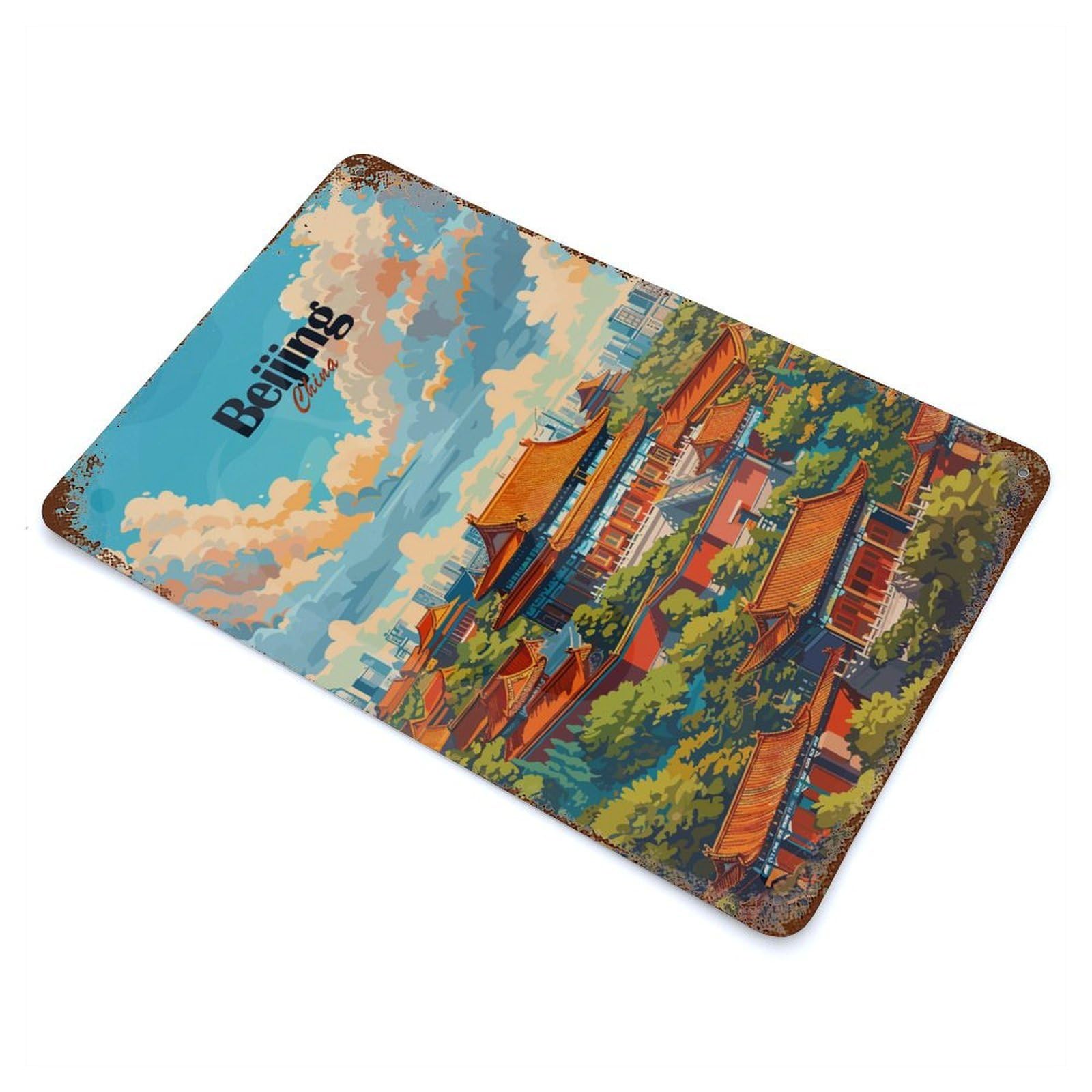 Beijing Cityscape Aged Metal Wall Plaque 11.8"x7.9", Old School Wall Decor for Garage, Pub Or Kitchen