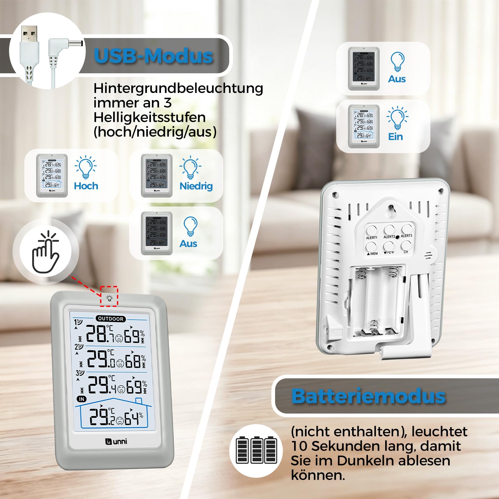 Thermometer für den Innen- und Außenbereich, kabellos, 11,4 cm Display, digitales Hygrometer, Thermometer, Temperaturfeuchtigkeitsmonitor mit 100 m Reichweitensensor und einstellbarer
