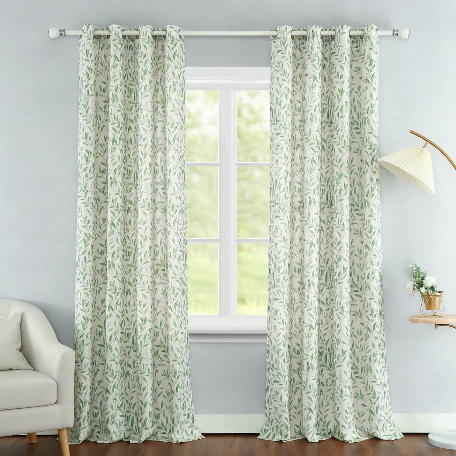 VOGOL 84 Inches Long Living Room Curtains, Light Filtering Thermal Insulated Botanical Farmhouse Window Curtains, Green Leaves Pattern Panels for Farmhouse Nursery, 1 Piece, Grommets