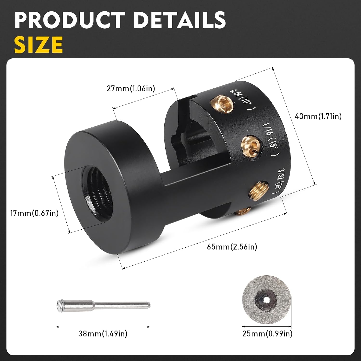 Aluminum Tungsten Electrode Sharpener Head Tool, Tungsten Grinder for TIG Welding Single Column Open Design w/Cut-Off Slot Multi-Angle & Offsets, 5 X 25mm Diamond Wheels, 2 X Connecting Rods