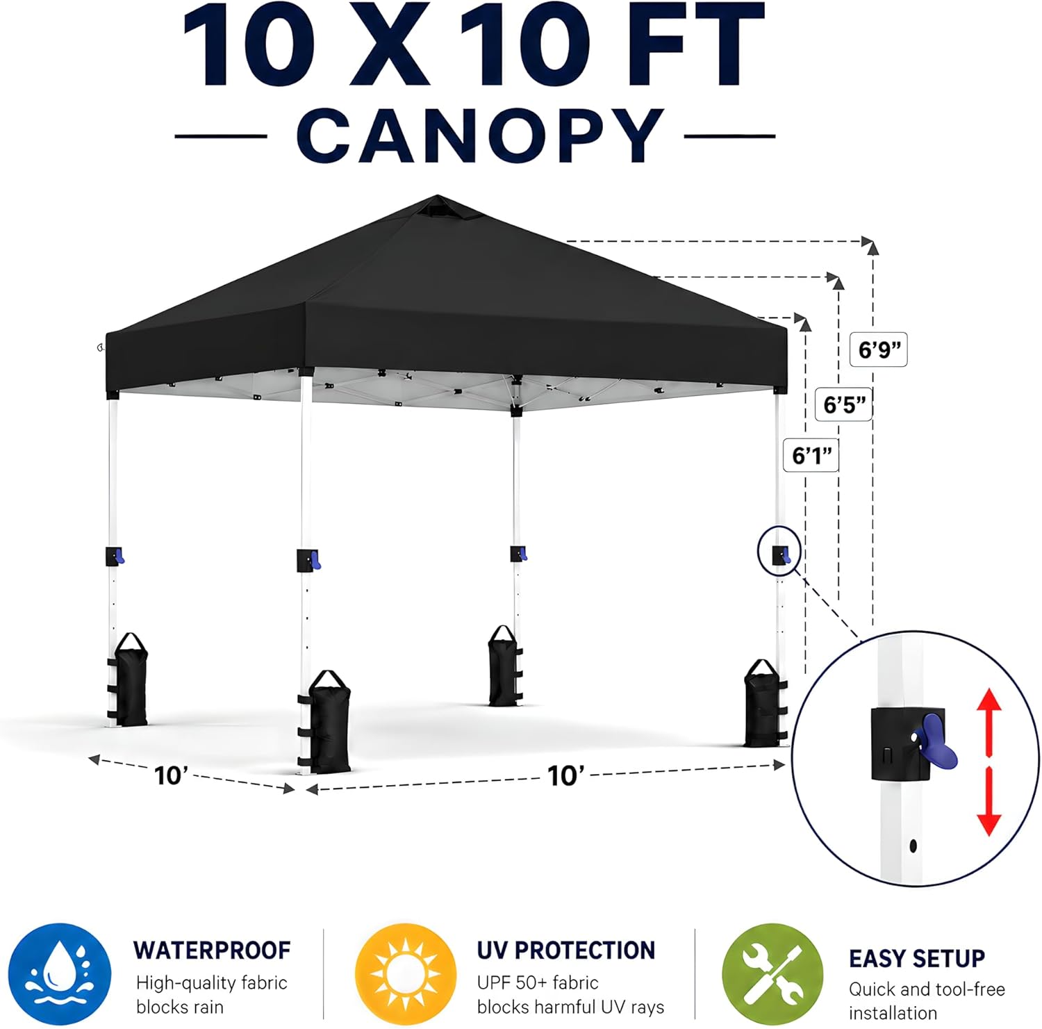 10x10 Pop Up Canopy Tent, Waterproof UV Blocking Heavy Duty Steel Frame with Wheeled Bag & Sandbags, One-Person Setup, Ideal for Outdoor Beach, Party, Camping, Backyard, Tailgate Events (Black)