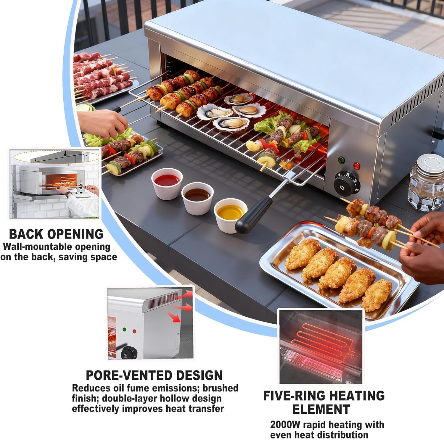 Horno de salamandra eléctrico comercial, 2000 W con control termostático, parrilla de acero inoxidable, rejilla ajustable para cocinar filetes y quesos