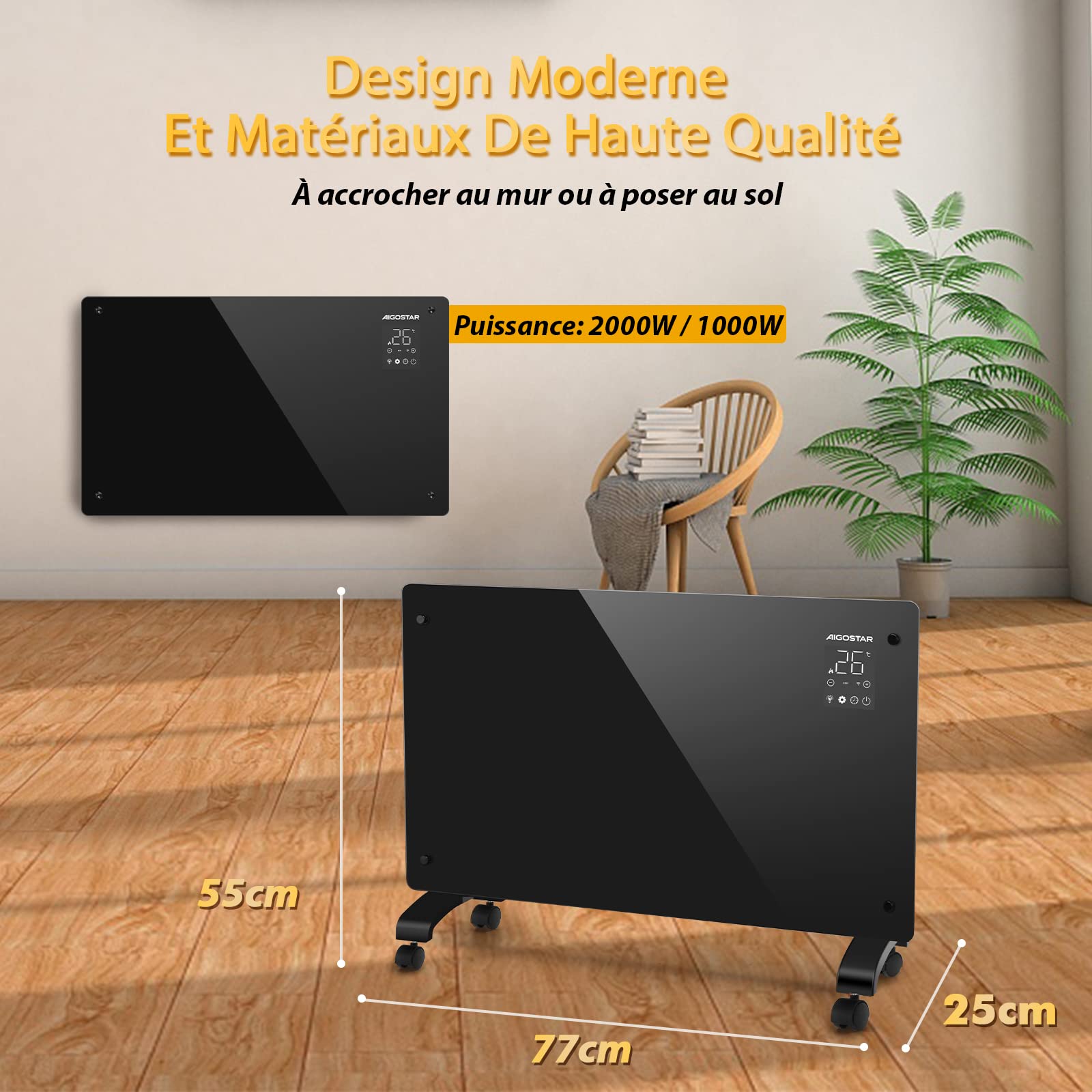 Aigostar Helen Smart - Radiateur Electrique, 2000W, Convecteur Électrique à Panneau de Verre Ultra Fin, Connexion Wi-Fi, Alexa, Minuterie 24h, 3 Modes, Écran Tactile Led. Programmable.