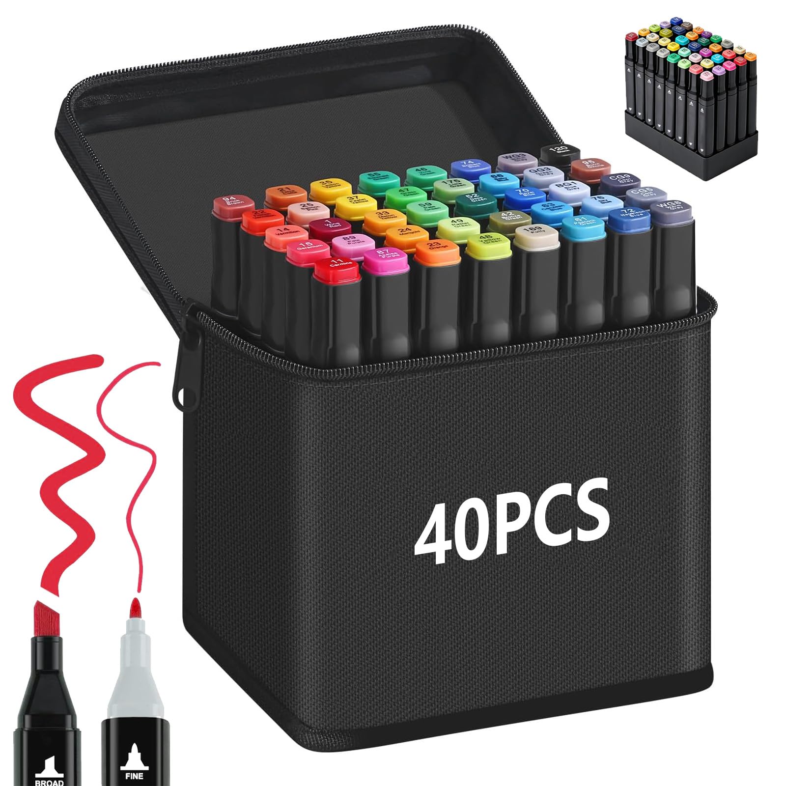 Colored Markers, Permanent Markers, Double-Ended and Quick-Drying, with Storage Bag and Organizer for Sketching, Comics, Illustration and Professional Coloring (40)