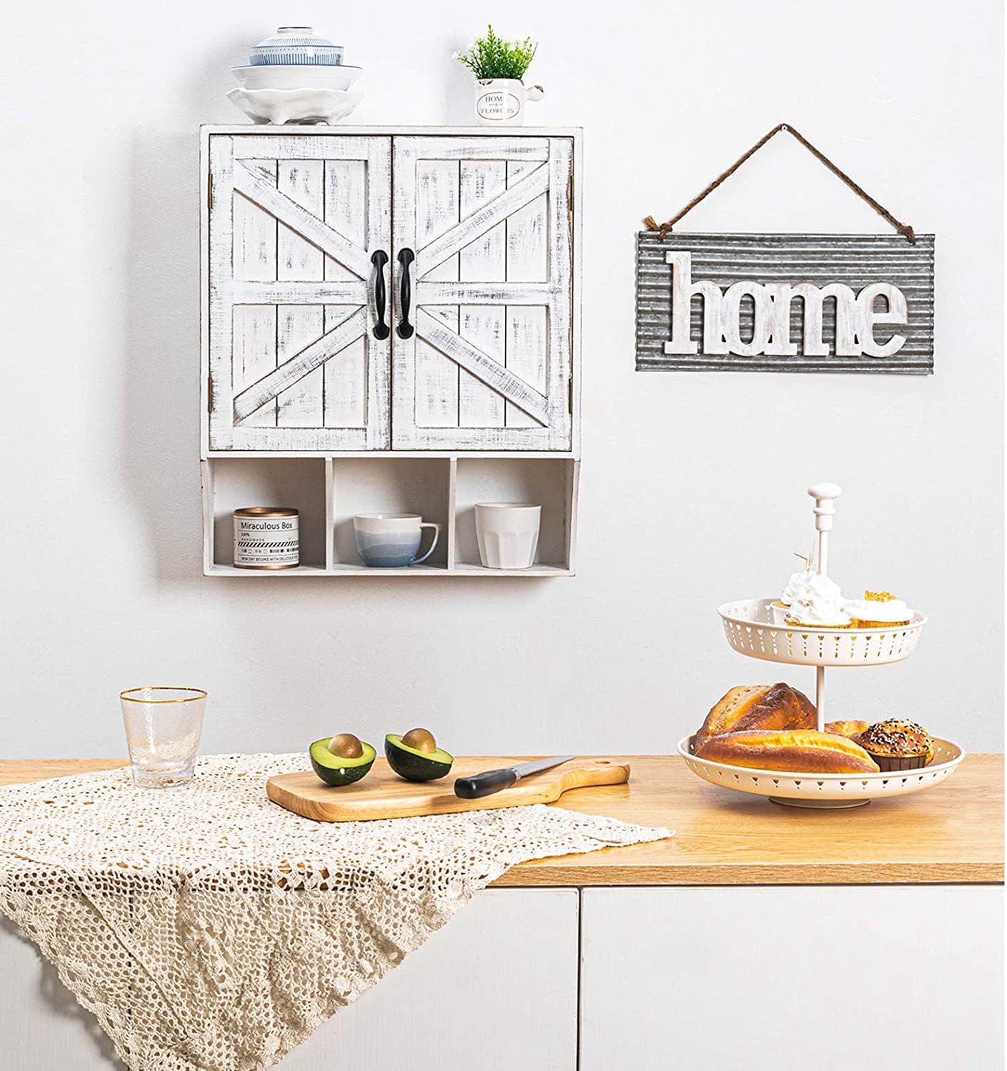 FLORA Farmhouse Wall Mounted Storage Cabinet, Medicine Cabinet with Doors, Wood Vintage Bathroom Wall Cabinet Over Toilet for Bathroom, Kitchen, Living Room, Rustic White