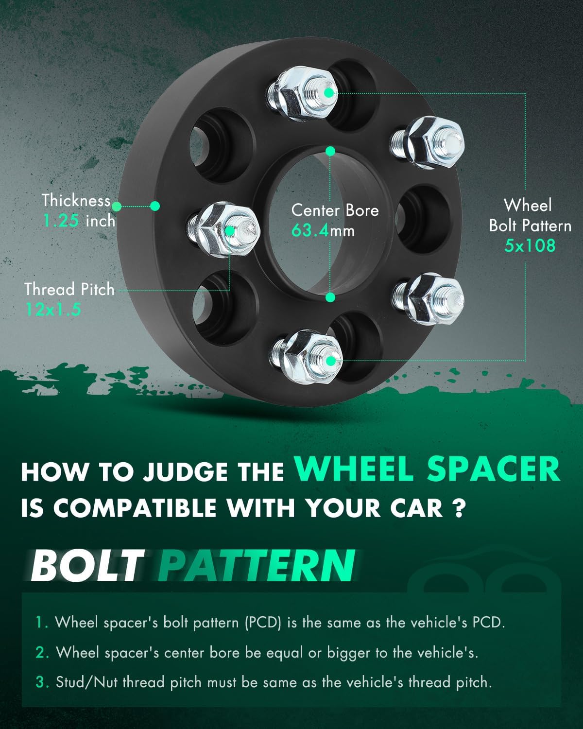 SCITOO 2Pcs Wheel Spacers 1.25 inch 5x108 Bore 63.4mm Studs 12x1.5 5 Lug Wheel Spacers Adapters Fit for for Ford Escape for Ford Fusion for Ford Bronco Sport for Ford Transit Connect