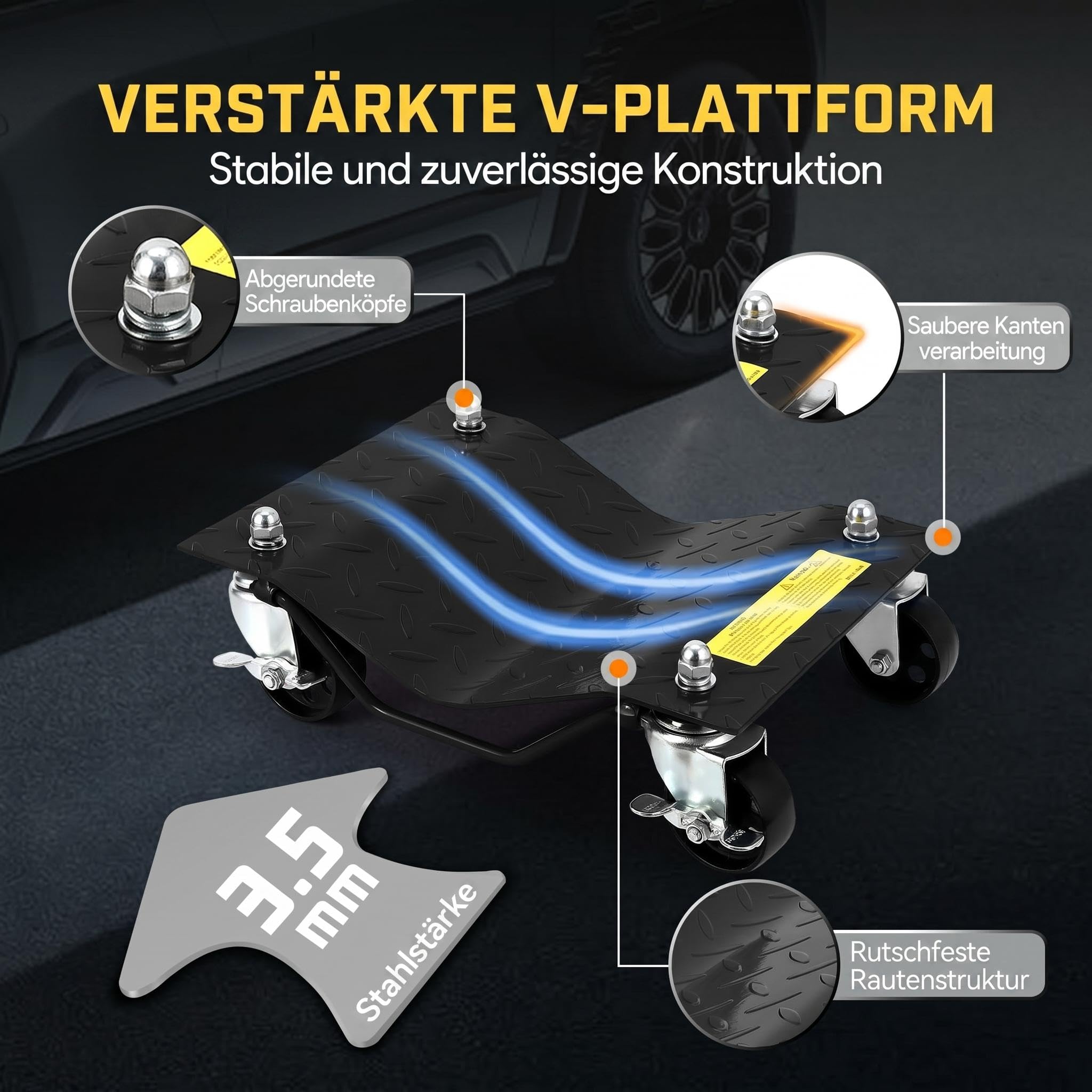 4 Stück Rangierhilfe Set bis 3600 kg Belastbar, Rangierroller aus Stahl, Wagenheber mit 360°-Lenkrollen und Feststellbremsen, rutschfeste Oberfläche, Rangierheber für PKWs Autos LKWs