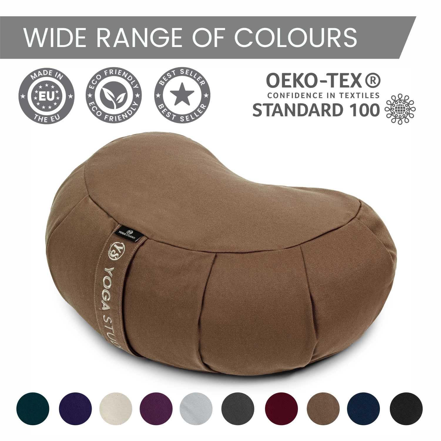Yoga Studio Cuscino europeo a mezzaluna Zafu | cotone biologico | 42 x 30 x 18 cm | Pouf da meditazione | Scafi di grano saraceno - sabbia