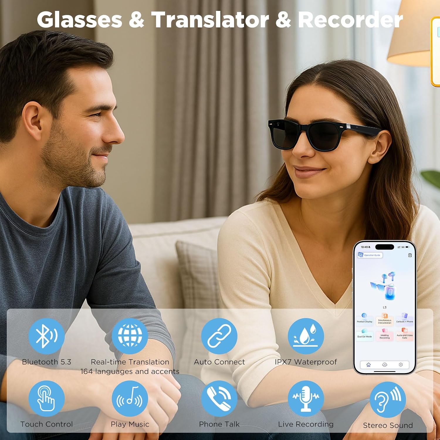 Anpress Smart Glasses with AI Translation for Men Women, 6.0 Bluetooth Music Glasses with Real-Time Translator for 164 Languages, Anti-Blue Light/UV400 Lenses, Open-Ear Clear Sound