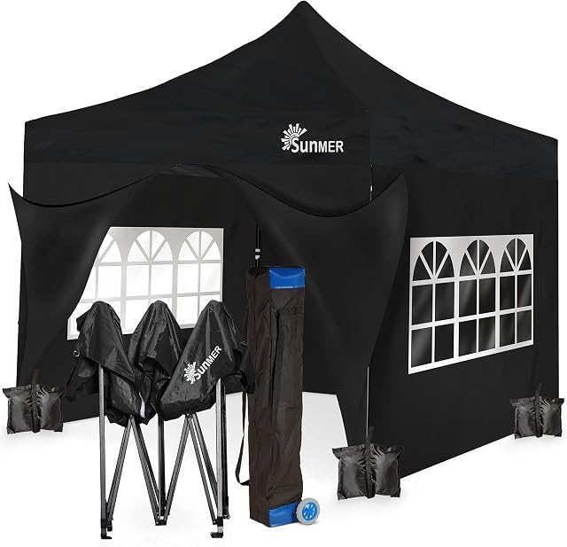 SUNMER 3x3M Pop-Up Gazebo with 4 Sides - Fully Waterproof (420D Oxford PVC) with Heavy Duty Rust-Resistant Steel Frame - Wheeled Carry Bag Included for Easy Transportation - Black
