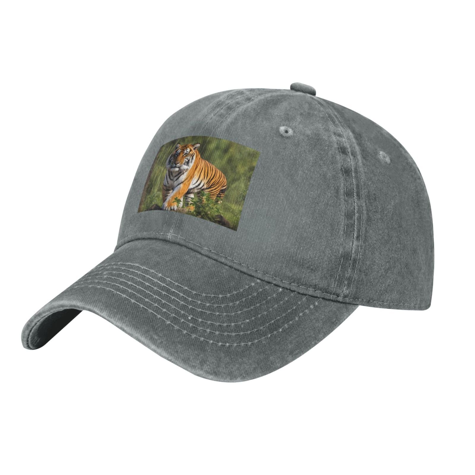 WHJSSF Black Washed Denim Baseball Cap Bengal Tiger Pattern Adjustable Cotton Hat for Men & Women
