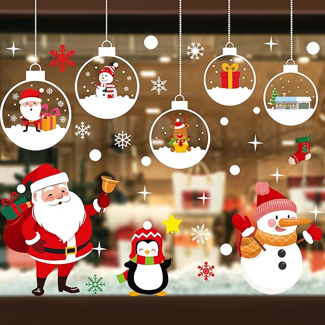 Christmas Window Stickers, 98pcs Christmas Window Clings Snowflake Santa Claus Stickers for Christmas Window Decoration, Double Sided Xmas Window Decals for Kids Party Holiday Supplies
