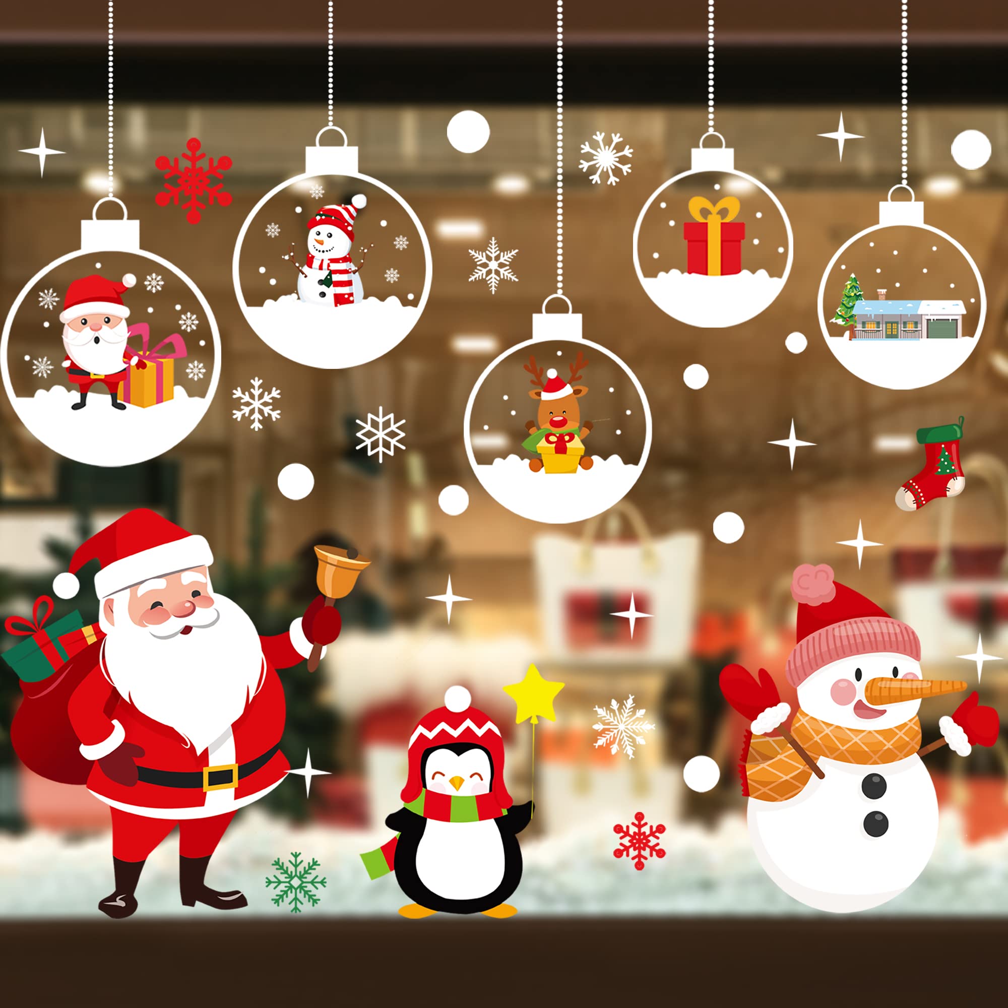 RFWIN Christmas Window Stickers, 98pcs Christmas Window Clings Snowflake Santa Claus Stickers for Christmas Window Decoration, Double Sided Xmas Window Decals for Kids Party Holiday Supplies