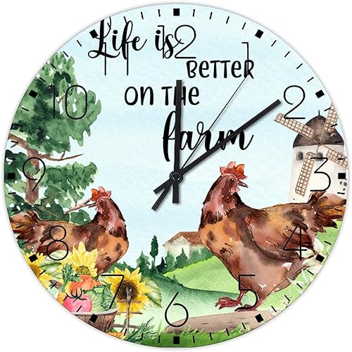 Autravelco Reloj de pared colgante de madera de cuarzo, sin tictac, funciona con pilas, Life is Better on The Farm Country, relojes de pared de