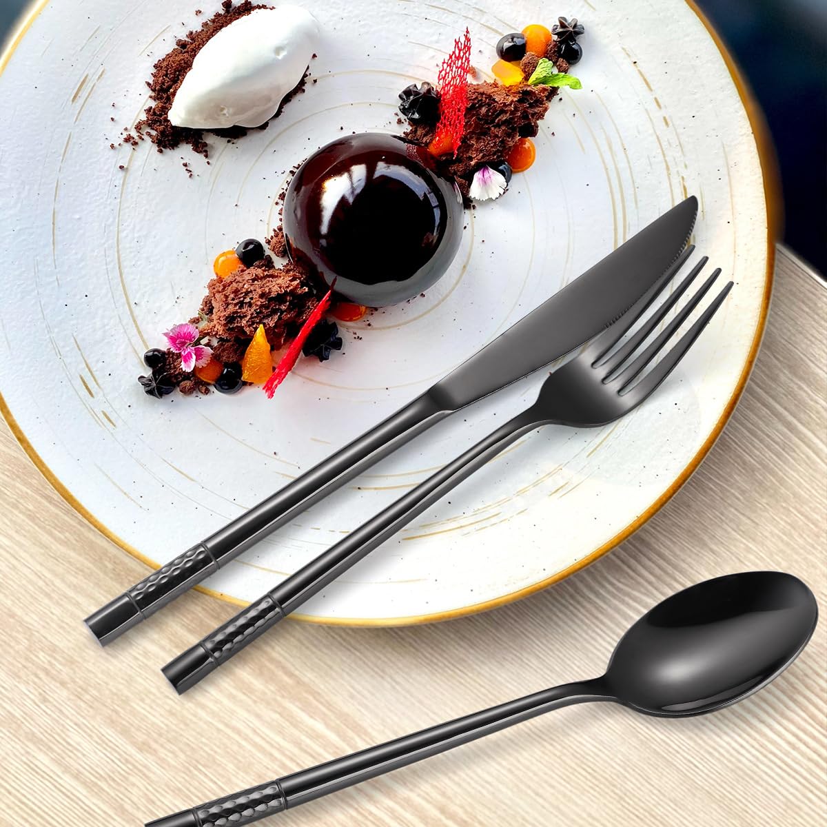 Zestaw Sztućców Na Wesele, Kuchnię, Restaurację, Złota Zastawa Stołowa Ze Stali Nierdzewnej, 6 Zestawów Z Ceramicznymi Uchwytami, Zestawy Sztućców Ze Srebra Z Wieszakiem (Gold-6Set)