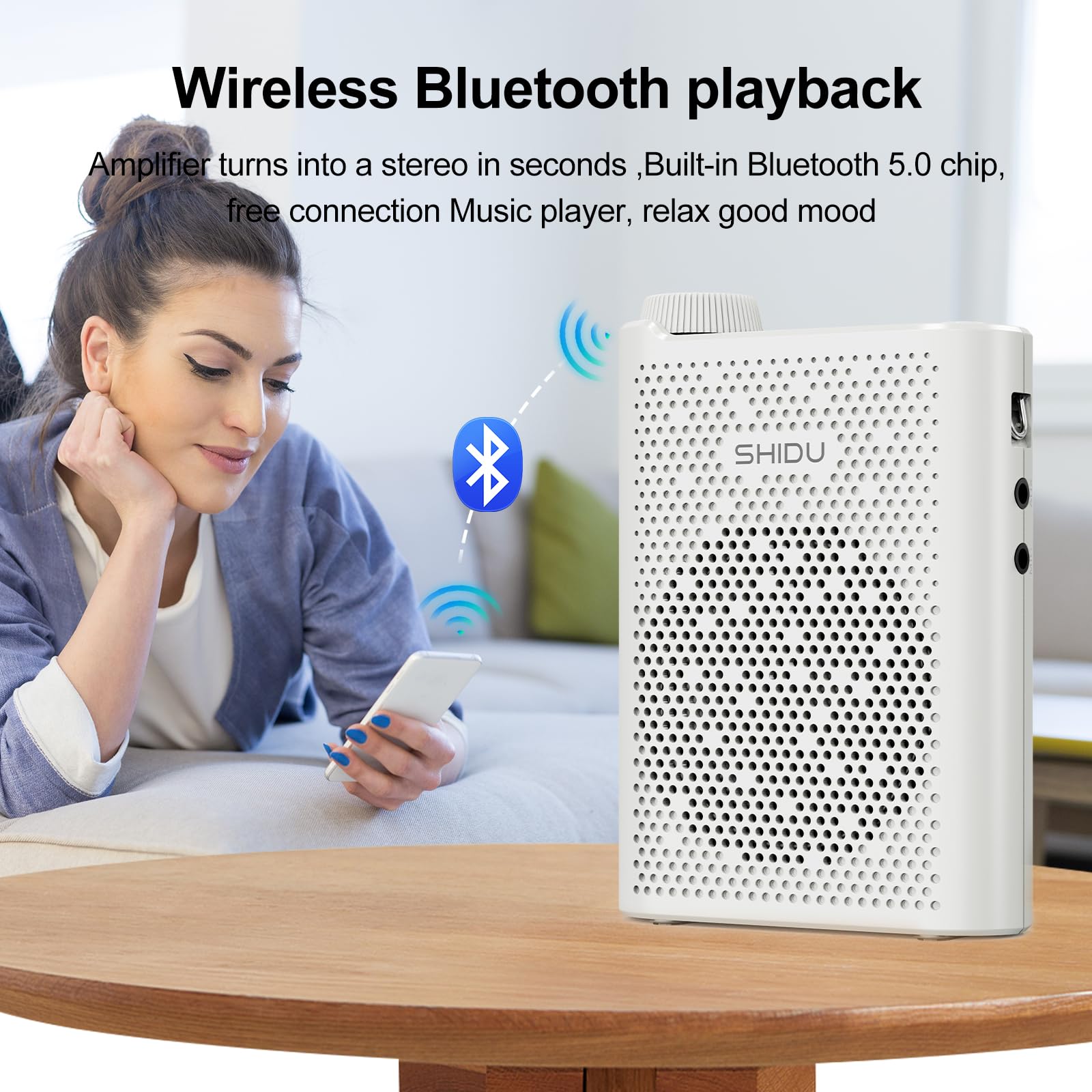 SHIDU Voice Amplifier, Bluetooth Power Voice Amplifier for Teachers Rechargeable Personal Speakers Microphone Headset Support MP3 Format AUX FM for Classroom Tour Guide Training Meeting Speech