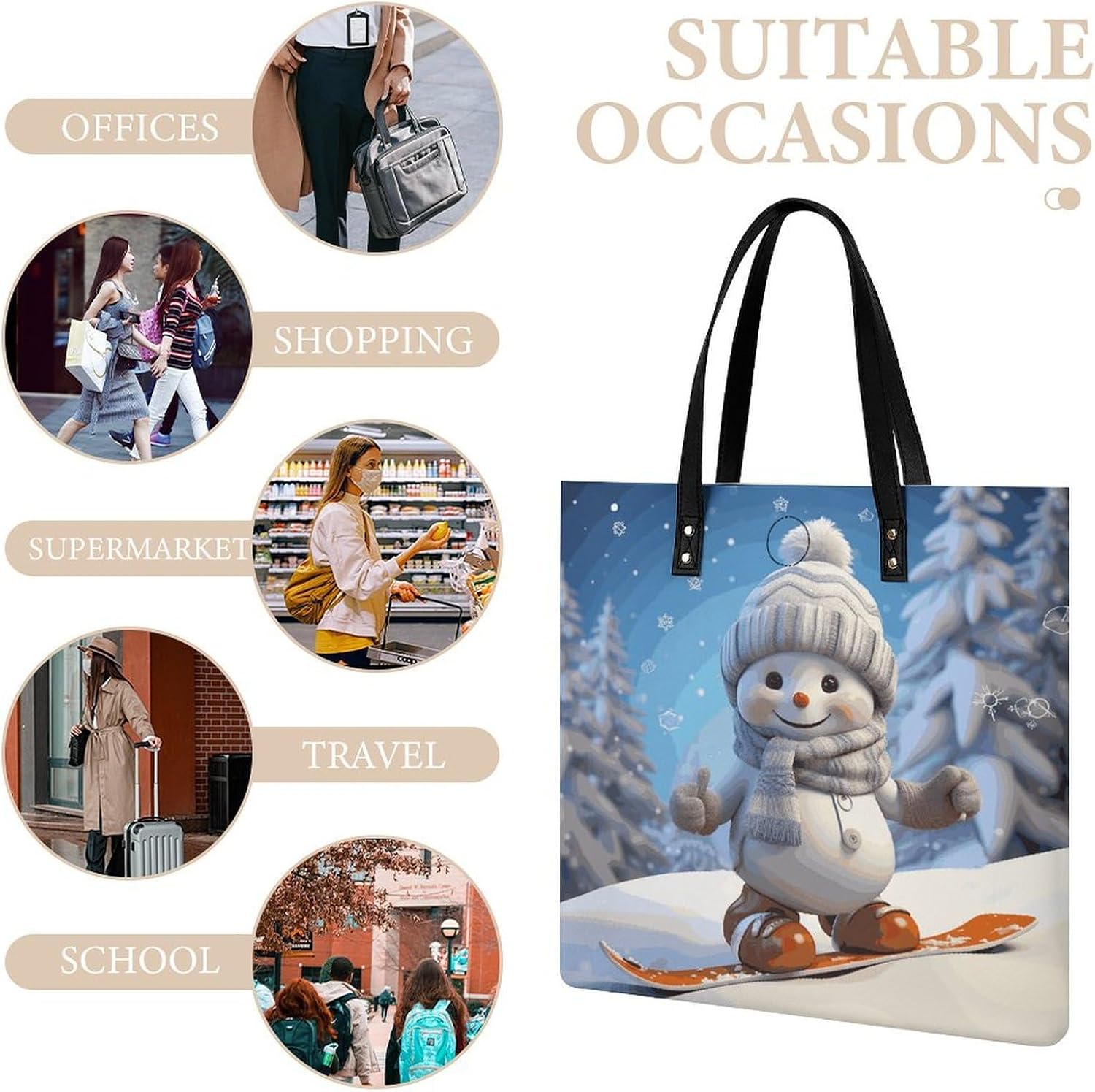 Cute Snowboard Snowman Handbags Large Capacity, Tote Bag Stylish Slouchy, Shoulder Bags for Work Beach Travel And Shopping Grocery.