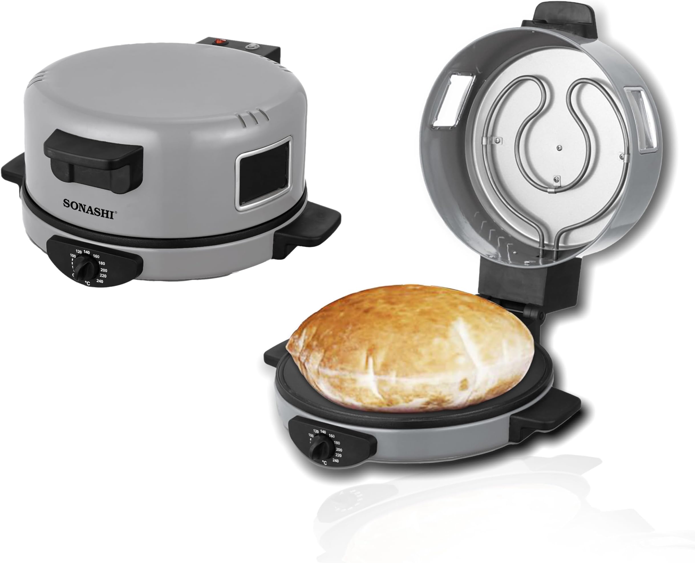 SONASHI 2-in-1 Arabic Bread & Pizza Maker SABM-863 – Stainless Steel Tube, On/Off Switch, Non-Stick Coating, Thermostat Control | 220-240 V ~ 50/60 Hz, 1800 W | Specialty Kitchen Appliances