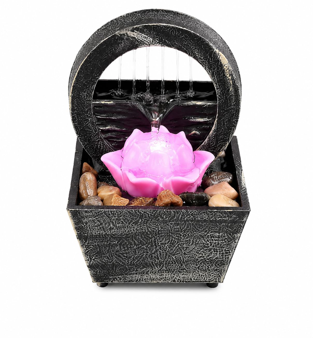 Indoor Tabletop Lotus Flower Fountain with Circular Frame | Natural River Stones, Desktop Decor-image-37