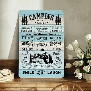 Camping Rules Sign - Funny Outdoor Metal Tin Sign for RV, Cabin & Camper - Retro Camping Decor for Campgrounds, Fire Pit Areas 12x8 Inch (271)