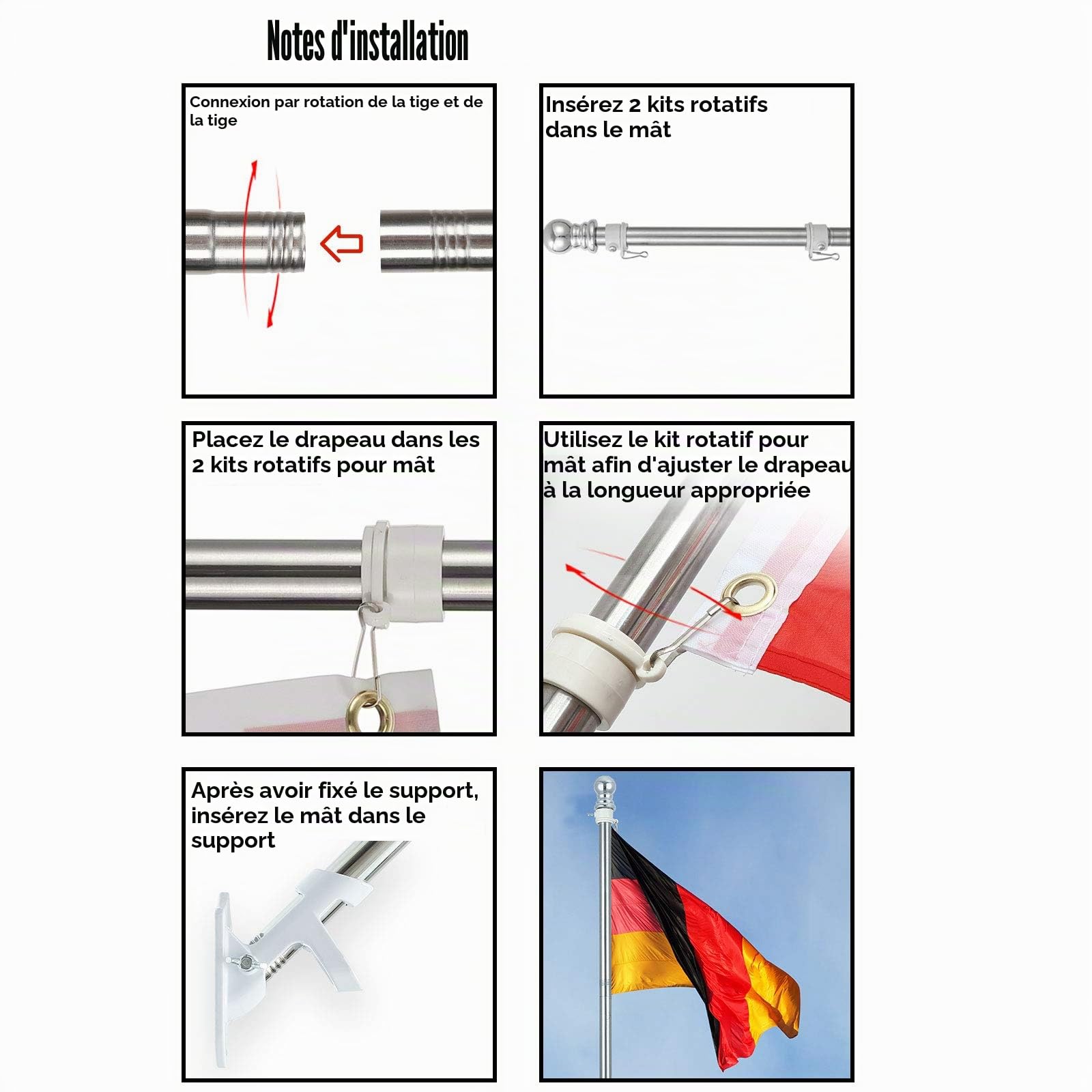 Kit de Mât de Drapeau en Aluminium 150cm, avec Support Mât de Drapeau en Acier Inoxydable à Fixe au Mur avec Anneaux Rotatifs