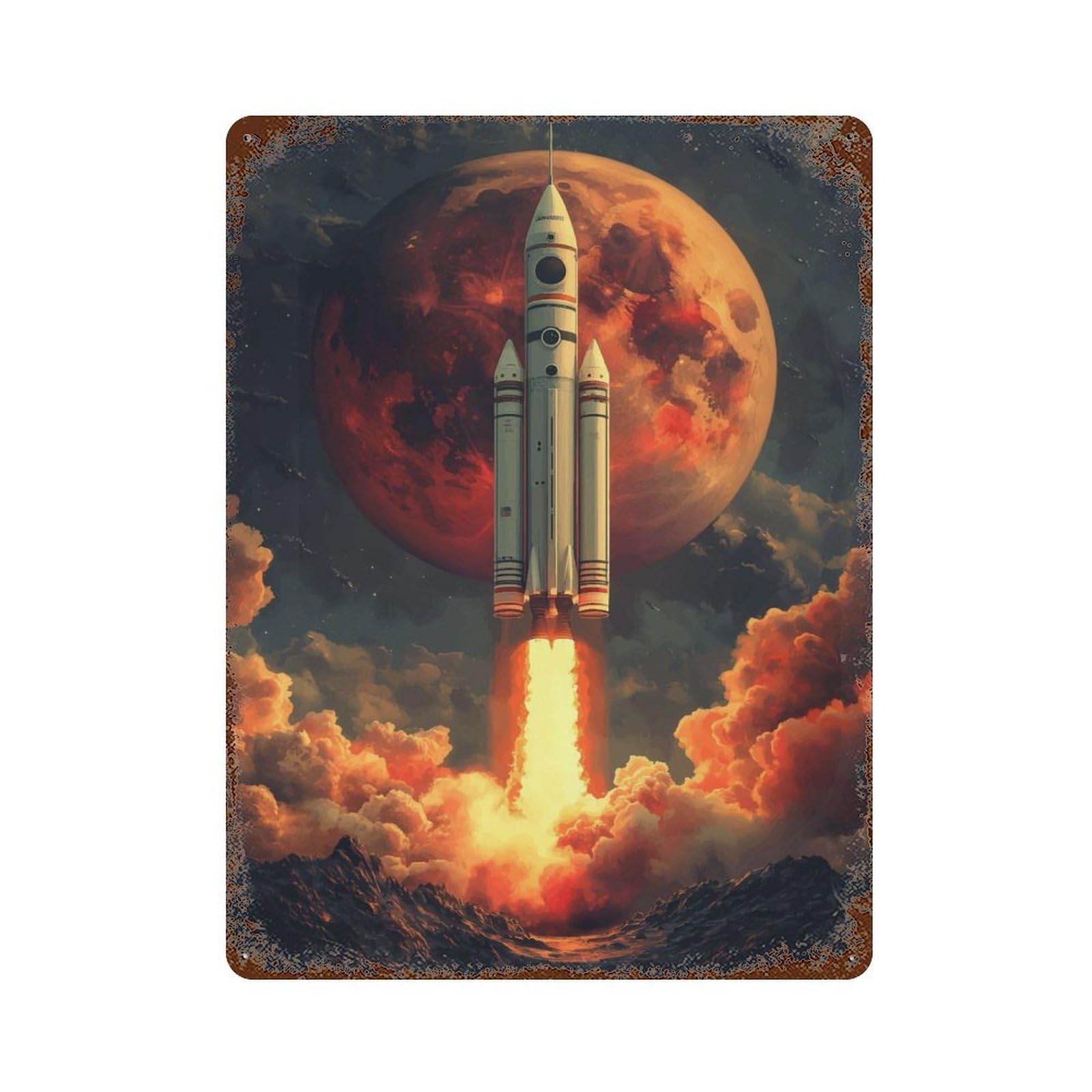 Vintage Rust Metal Sign with Rocket Launch to Mars Design 15.7"x11.8", for Shed, Workshop And Garage Wall Decor, Classic Wall Plaque