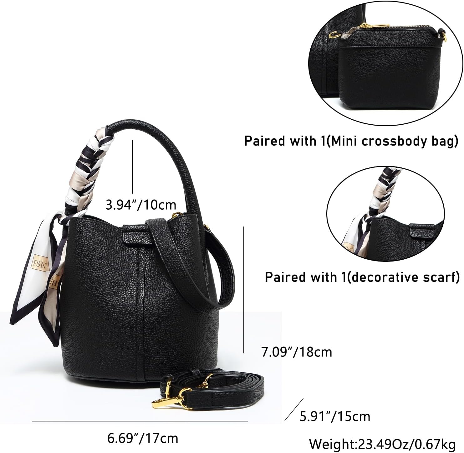 Women's small crossbody bag made of synthetic leather, mini bucket style shoulder bag with scarf, detachable shoulder strap - Image 4