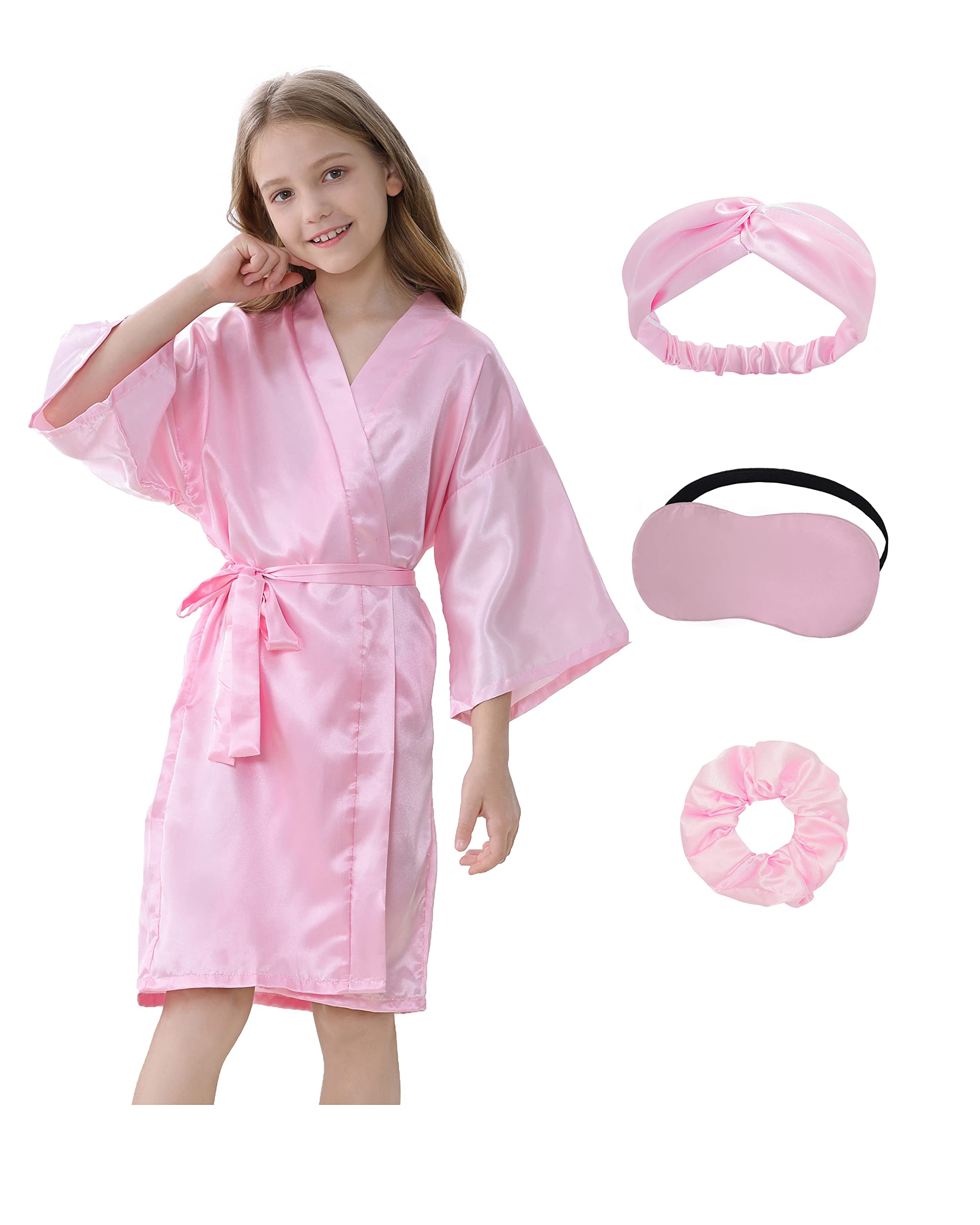 Kid Girls Satin Solid Color Robe with Eyemask Hairband Hair Ring, Silky Plain Kimono Robes for Wedding Flower Robe