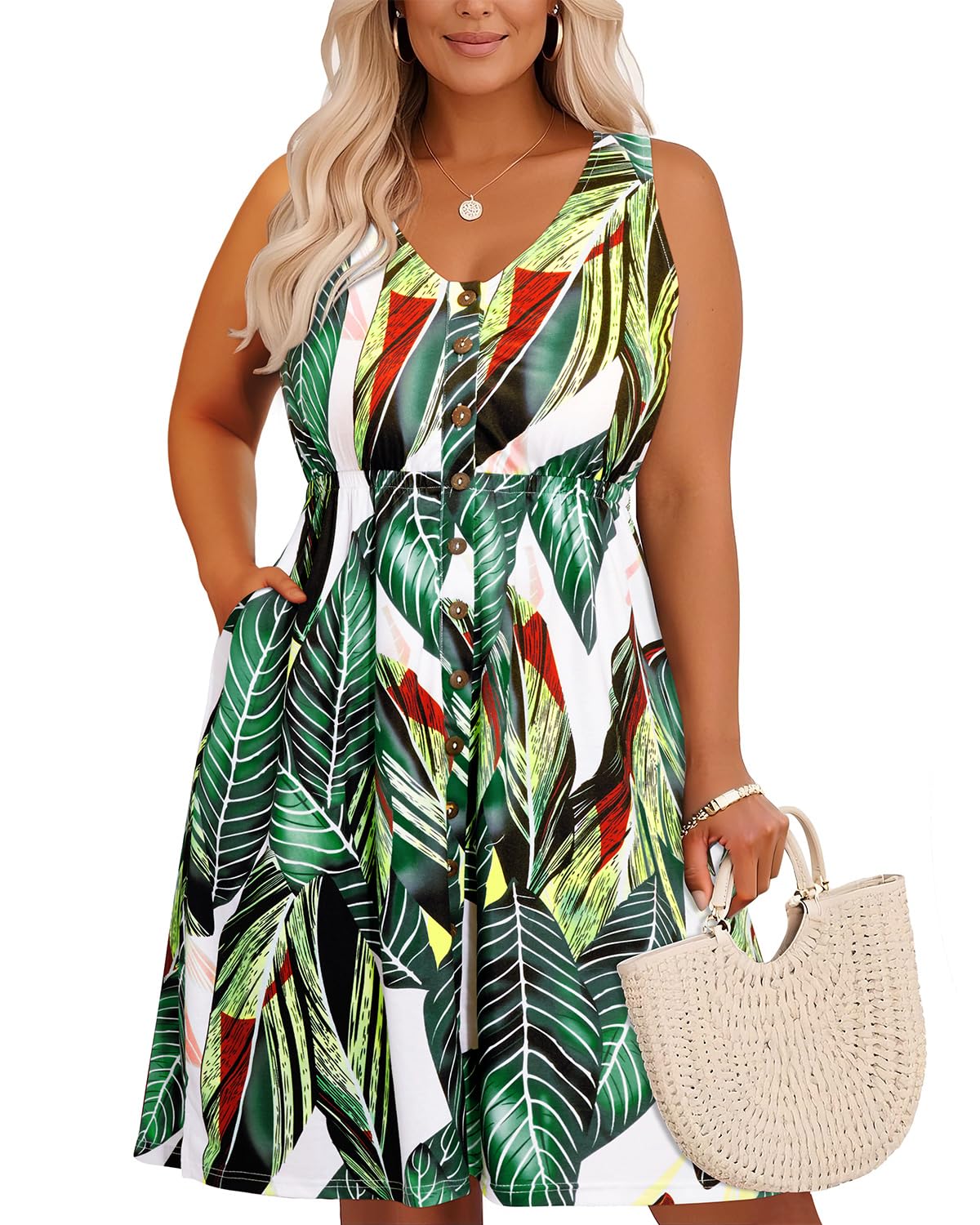 Holipick Women's Plus Size Summer Dresses for Women Casual Dress with Pockets A-Line Swing Button Down Sleeveless V Neck