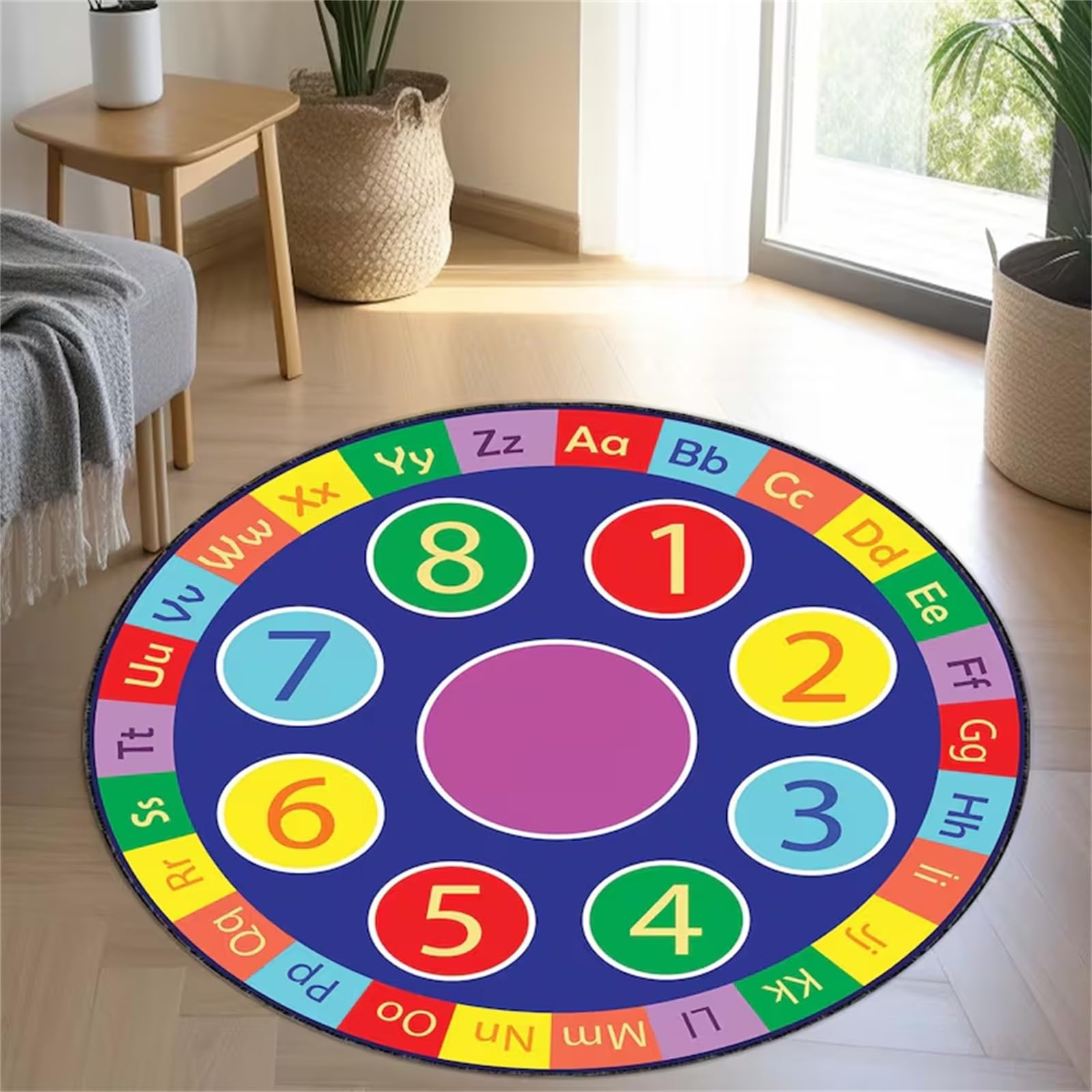 LHOMKCV Blue Round Number & ABC Educational Rug, 60cm Machine Washable Floor Mat, Non-Slip Soft Alphabet Carpet for Bedroom, Playroom & Indoor Areas