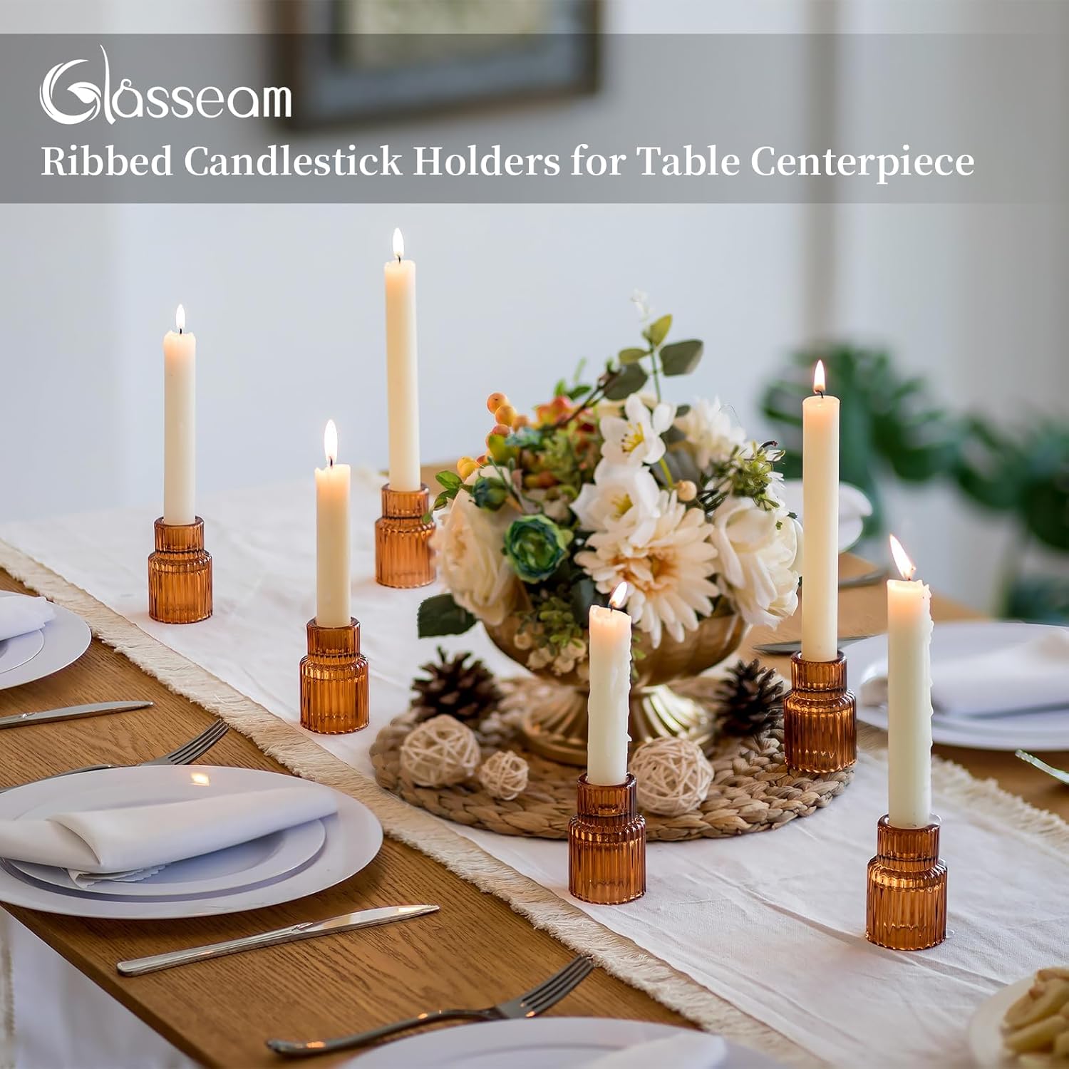 Glasseam Glass Candle Holders for Candlesticks: 10PCS Small Amber Candle Stick Holder Decor Ribbed Taper Candle Holder for Table Centerpiece Fall Candle Holders for Christmas Halloween Thanksgiving - Image 3