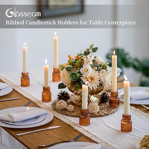 Miniatura 3 de Glasseam Candelabros de vidrio para candelabros 10 piezas pequeño ámbar candelabros decoración acanalado sostenedor de vela cónico para centro de