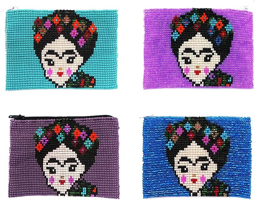 Frida Inspired Cartoon Doll Face Mexican Artist Czech Glass Seed Beaded Coin Purse Zipper Pouch - Womens Handmade Bags Boho Travel Accessories (Pink)
