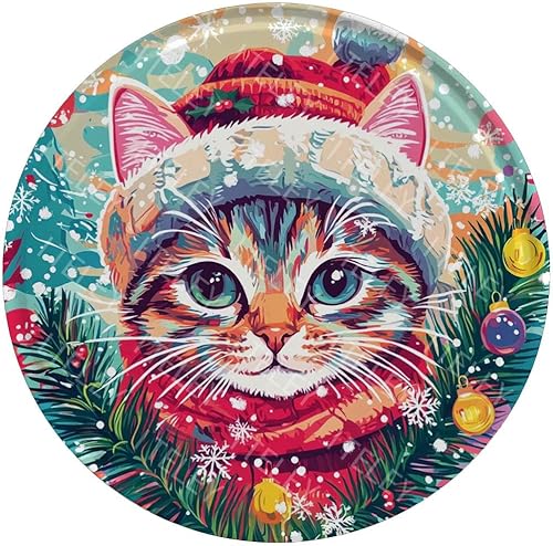 Letrero redondo de metal con diseño de gato de Navidad, retro, vintage, para corona, invierno, hogar, patio, jardín, bar, cafetería, decoración de 8