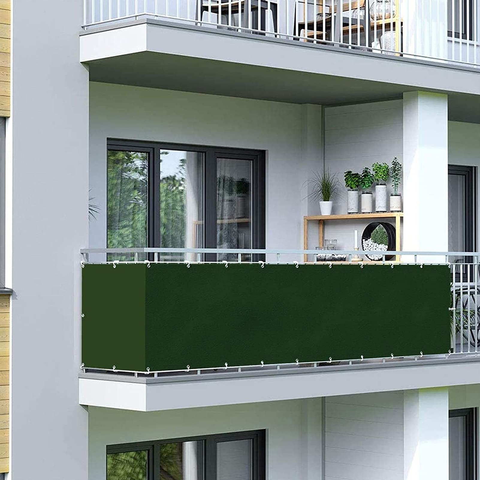 Tenda Paravento Frangivista Per Balcone 145x1000cm Verde Scuro - Schermo Per Privacy Con Fascette E Corde