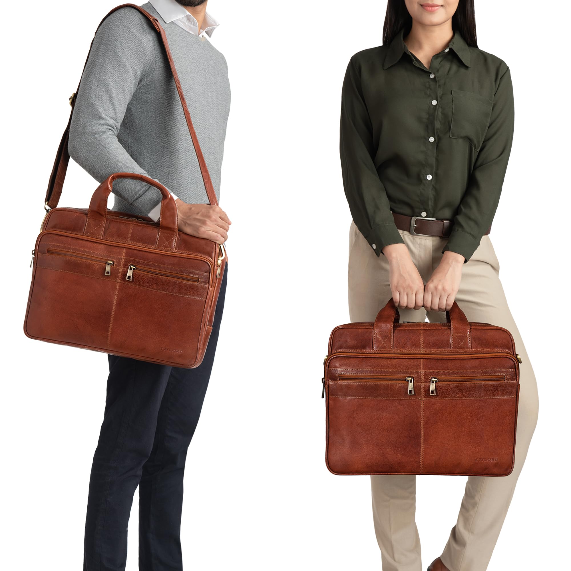 Stilord Alexander Leather Business Bag Men Women Large Document Bag and PC Briefcase Office Briefcase School Shoulder Bag SEO - Dettaglio