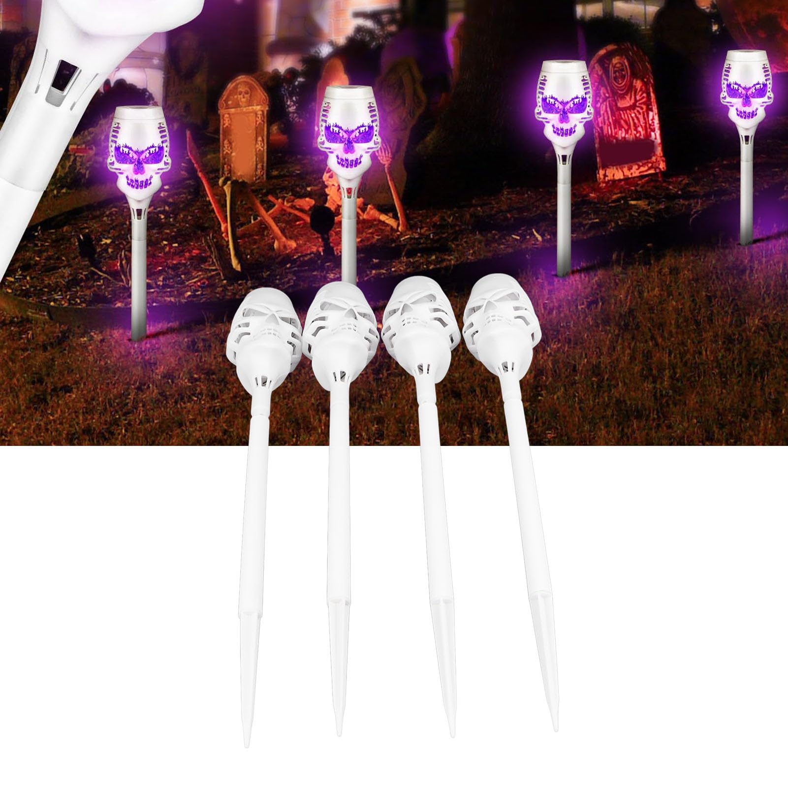 4 Solar Halloween Skull Lights with Purple Flickering Flames for