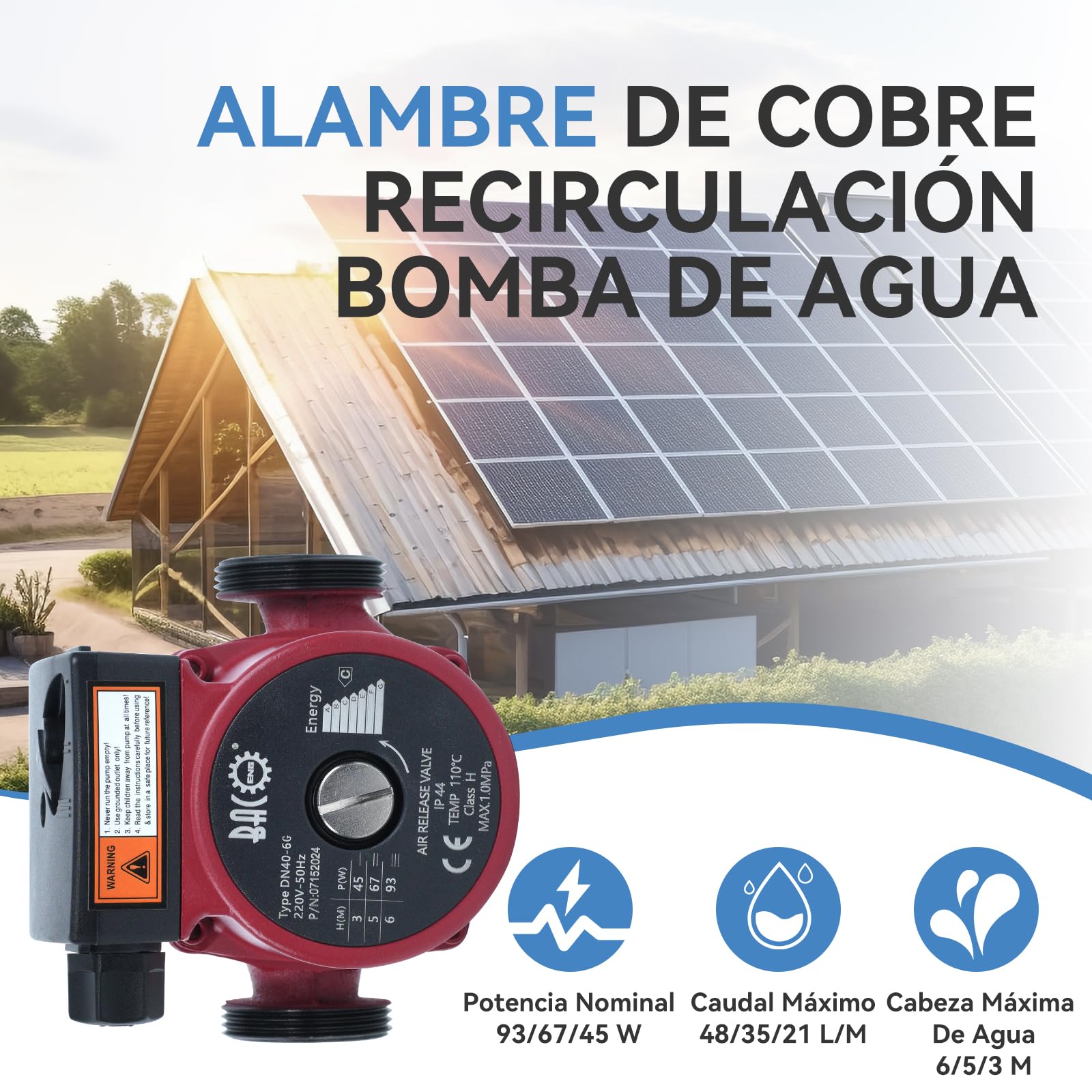 BACOENG Bomba de Circulación RS25/6-130 Bombas de Recirculacion Calefacción para Sistemas Circuladora Calefaccion Central 220V/50Hz