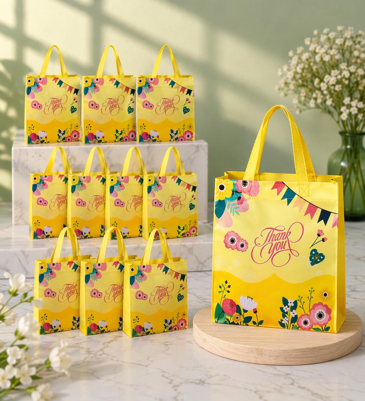Pack of 12 Premium Return Gift Bags for Kids, Colorful Floral Design Paper Gift Bags with Handles, Birthday Party Favor Bags, Thank You Bags for Gift & Special Occasions Rakhi Gift & Diwali Gifts Pack (Yellow)-image-13