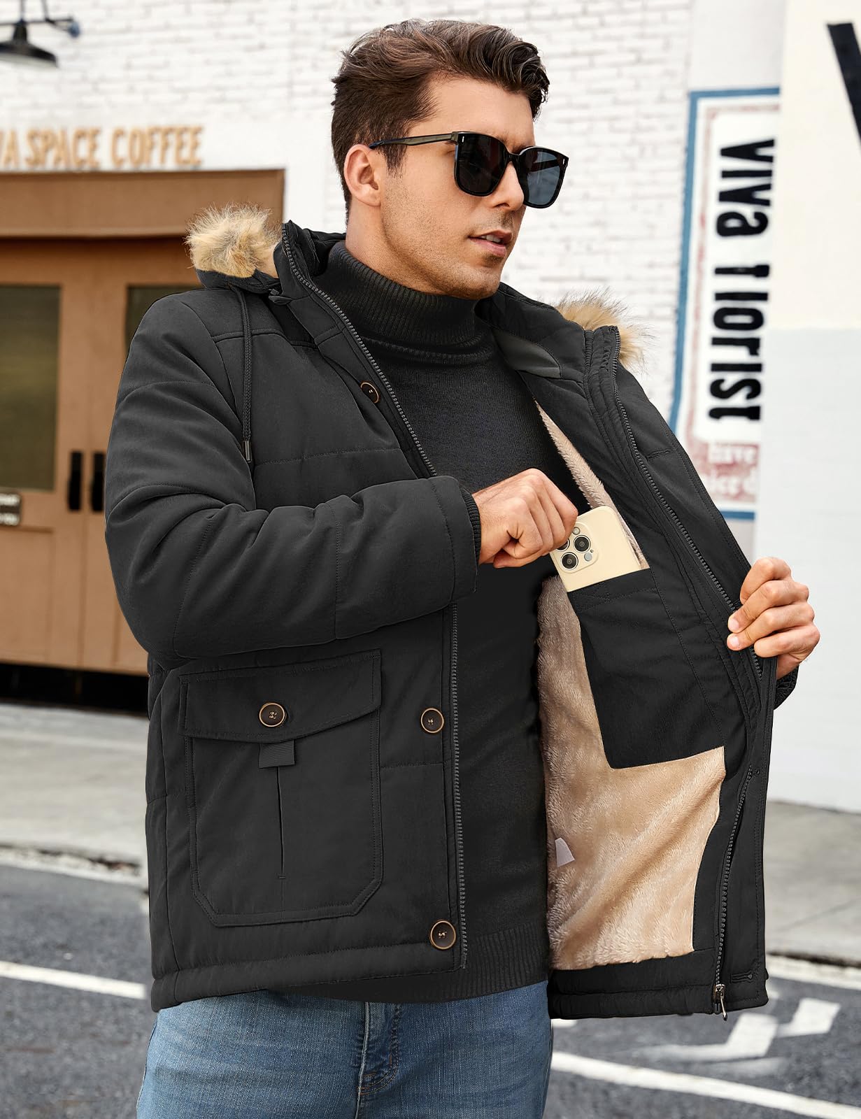 Homme Manteau D'hiver Veste Chaude Blouson À Capuche Fausse Fourrure Amovible Jacket Doublure Polaire D'extérieur Winter Décontractée Résistant Epaissé Avec Poches Coa