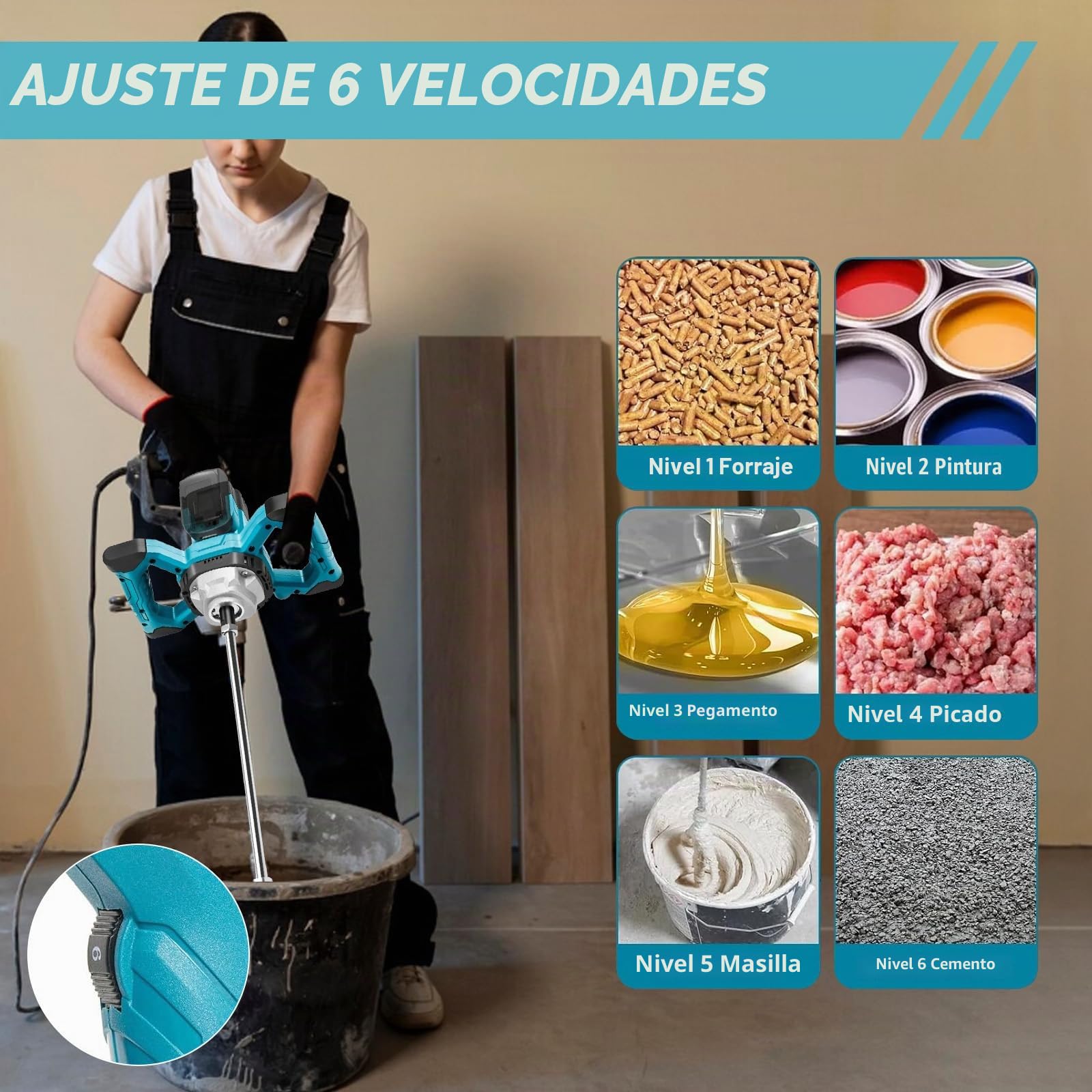 Mezclador de Cemento para Makita Batería, 3200W Mezclador de Hormigón Eléctrico Sin Escobillas con M14 Mezclador de Hélices, 6 Velocidades Regulables para Cemento, Pintura(Batería No Incluida)